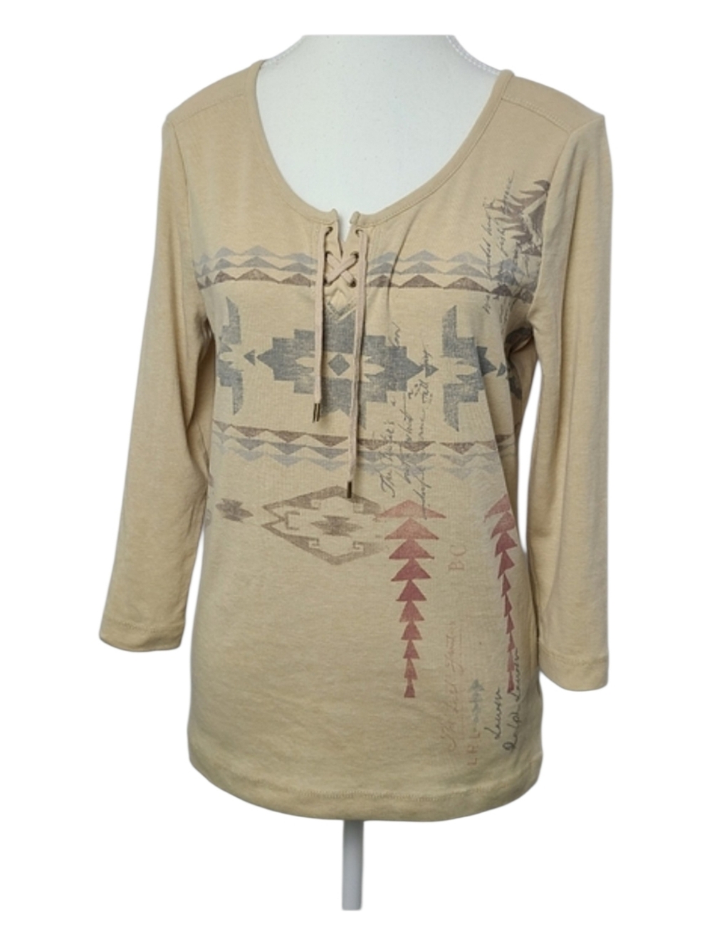 Lauren Jeans Co LRL Cream Lace Up Blouse Size M | 3/4 Sleeve Romantic Boho Top